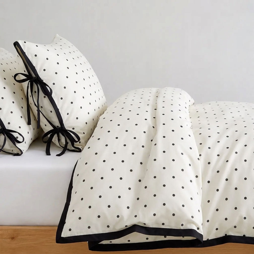 Coco Bettwäsche mit Punkten und Schleifen 200x200cm – Weiß mit schwarzen Tupfen im Cottagecore-Stil