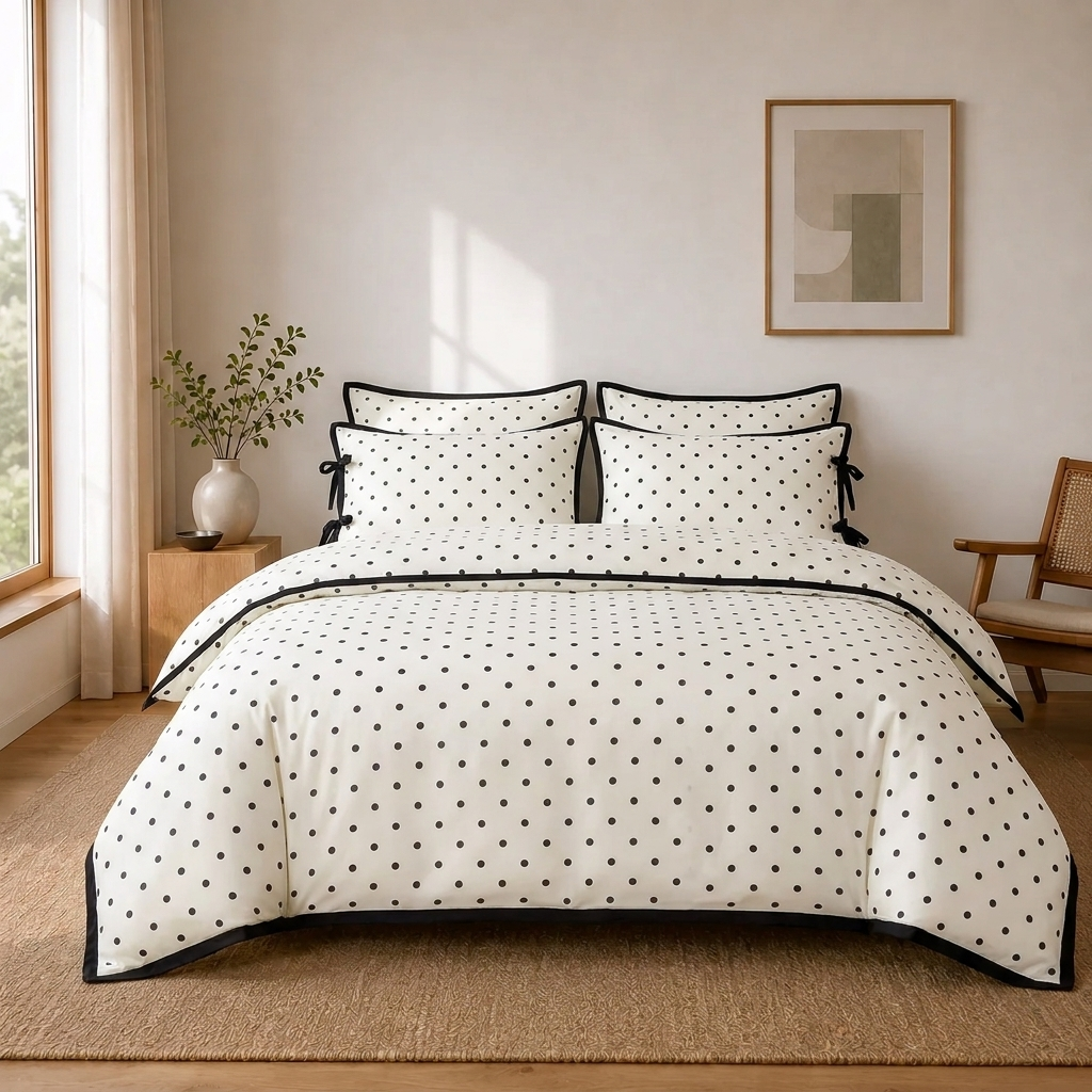 Coco Bettwäsche mit Punkten und Schleifen 200x200cm – Weiß mit schwarzen Tupfen im Cottagecore-Stil