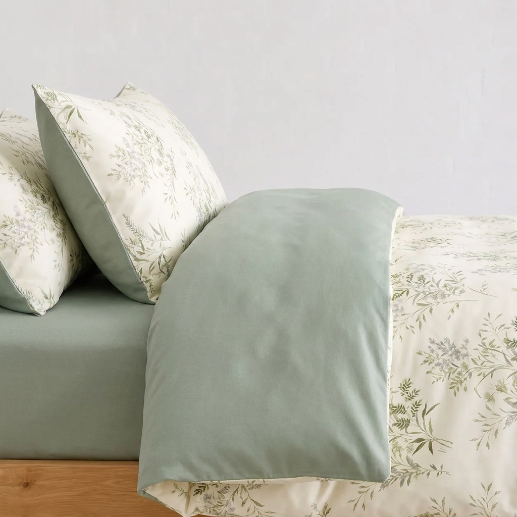 Ivy Wendebettwäsche mit Blumenmuster 200x200cm – Creme-Blüten & Salbeigrün zum Wenden