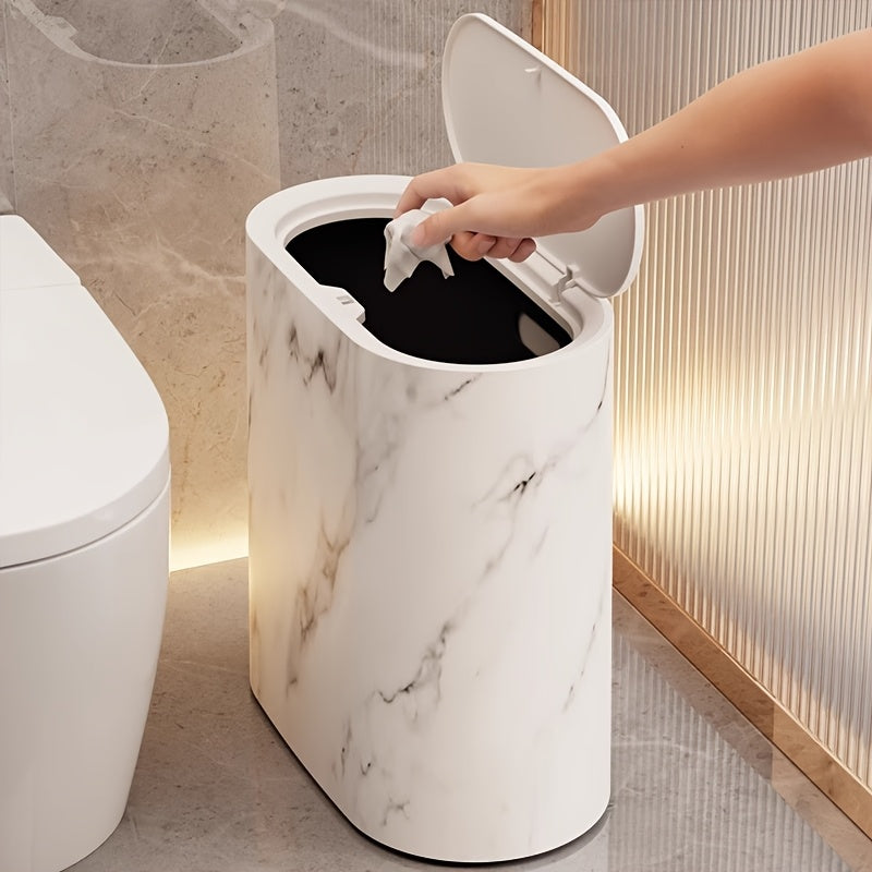 Marble-Look Trash Can with Lid | Modern Oval Bathroom & Kitchen Bin