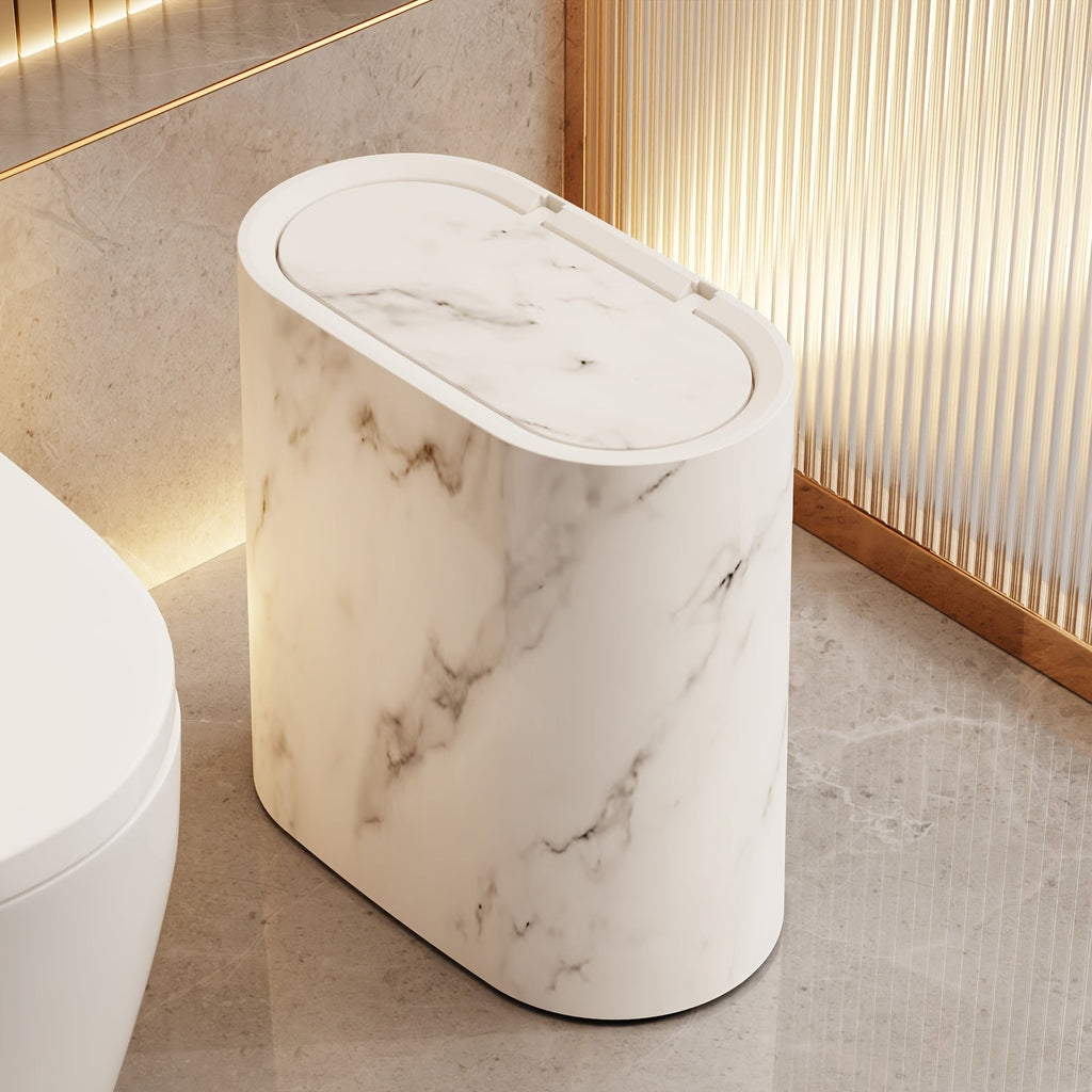 Marble-Look Trash Can with Lid | Modern Oval Bathroom & Kitchen Bin
