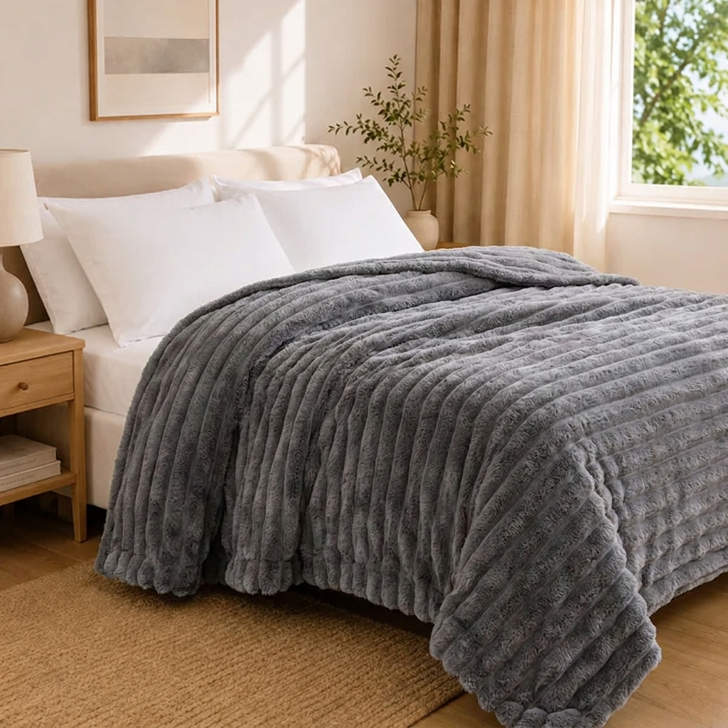 Skye Überwurfdecke 150x200cm Grau Gestreift – Flauschige Wolldecke fürs Bett