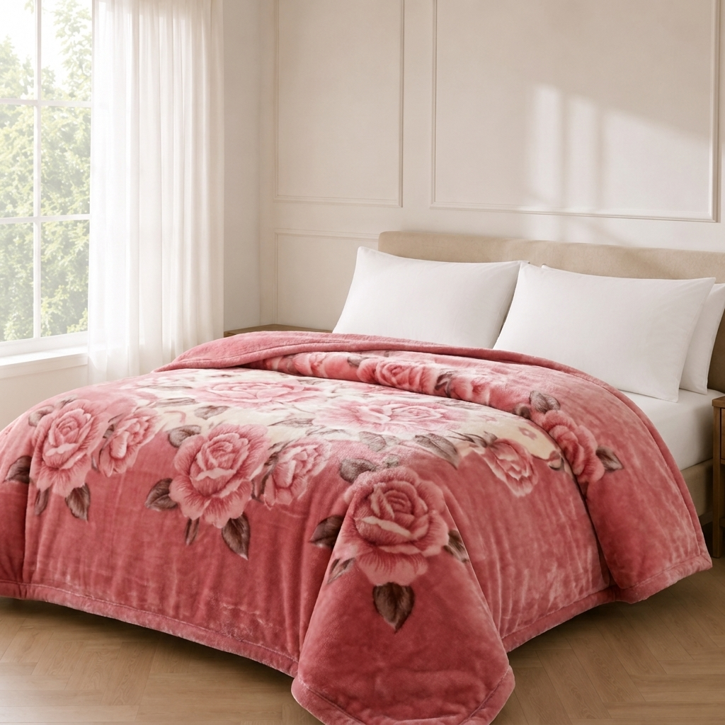 Rosalie Kuscheldecke 200x230cm Rosa – Dicke Raschel Wärmedecke mit Rosenmuster