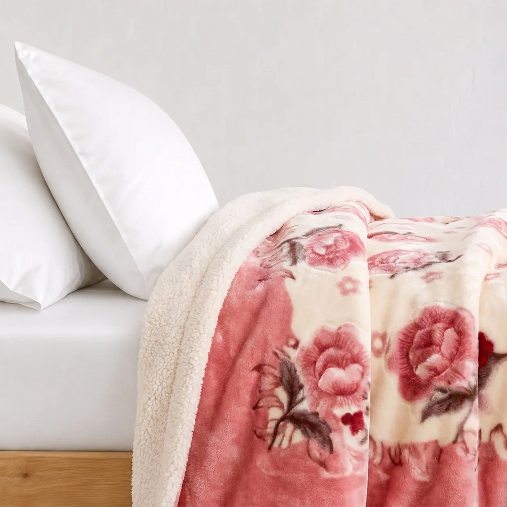 Rosalie Kuscheldecke 200x230cm Rosa – Dicke Raschel Wärmedecke mit Rosenmuster