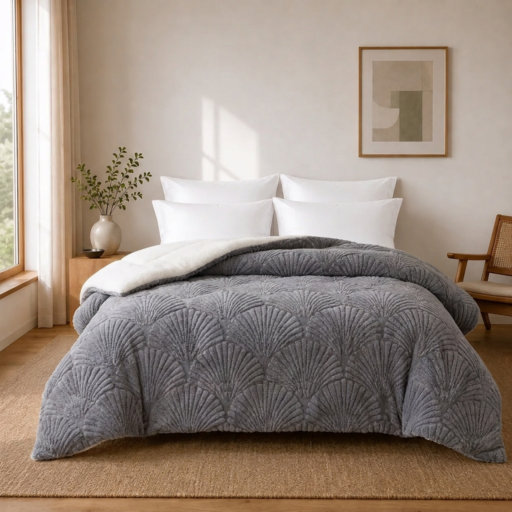 Greta Kuscheldecke 200x230cm Grau – Dicke Jacquard-Samt Winter-Wärmedecke