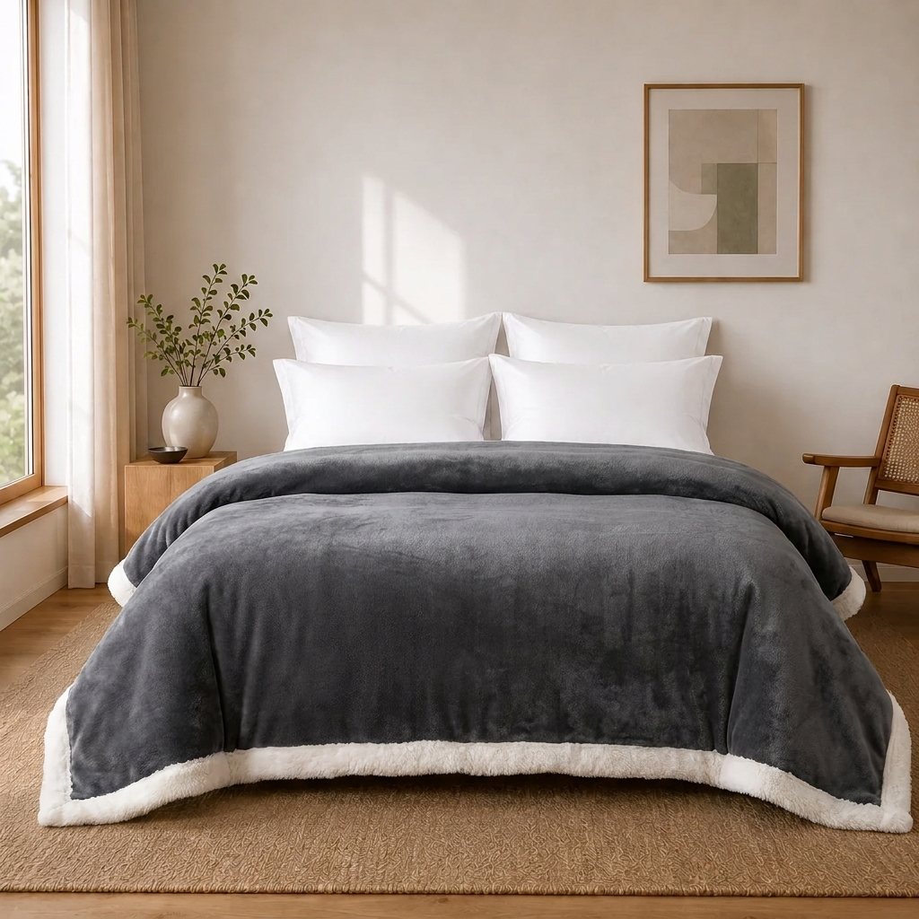 Nele Kuscheldecke 200x230cm Grau – Doppelseitige Wolldecke fürs Bett