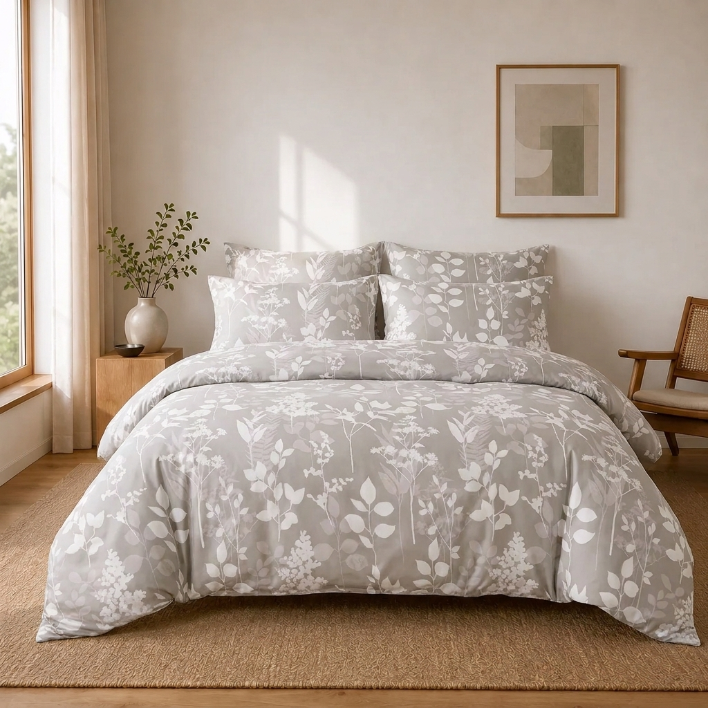 Talia Bettwäsche mit Blättermuster 200x200cm – Beige Bettbezug mit Silhouetten-Blättern