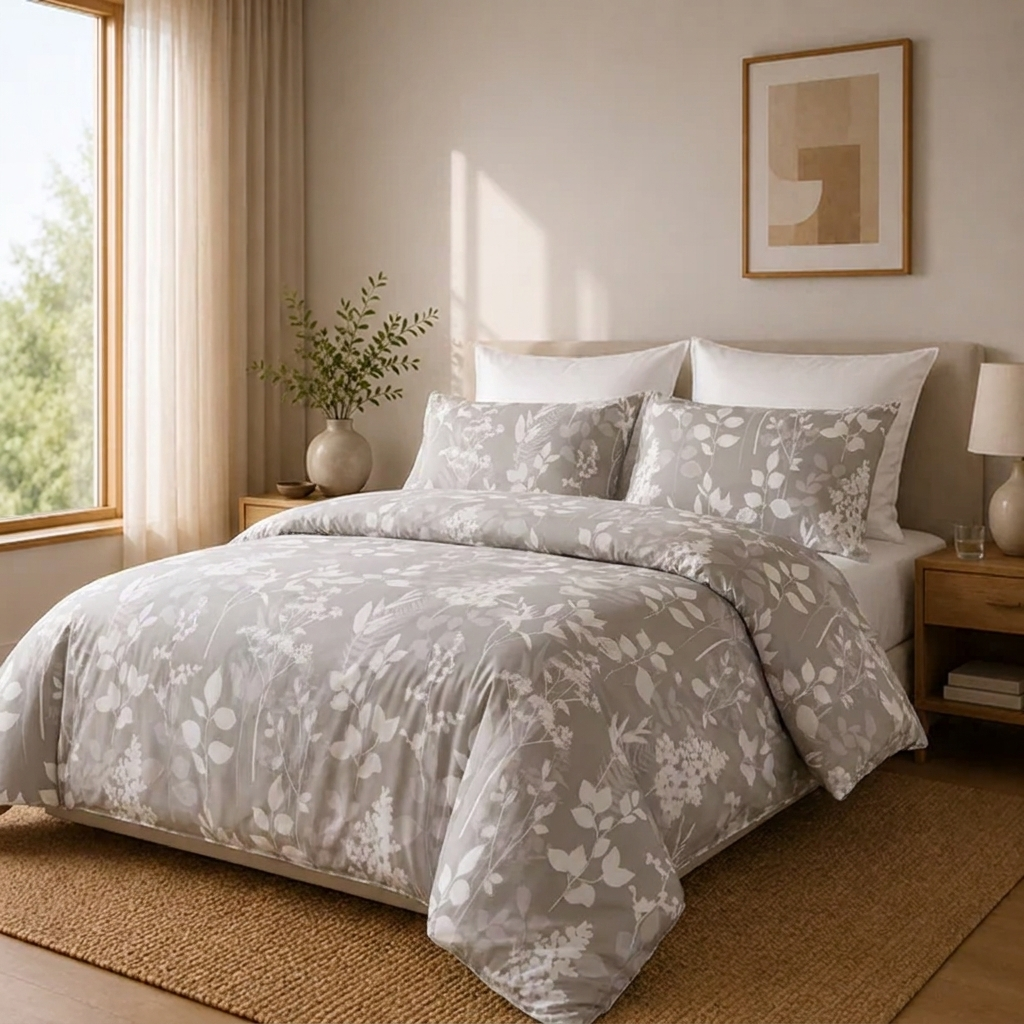 Talia Bettwäsche mit Blättermuster 200x200cm – Beige Bettbezug mit Silhouetten-Blättern
