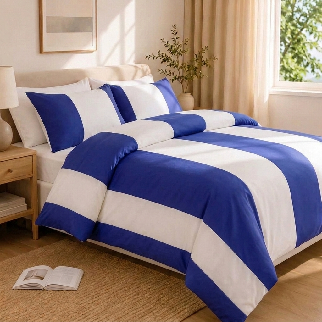 Enzo Bettwäsche Blockstreifen 200x200cm – Blau-Weißer Bettbezug im Sportlook