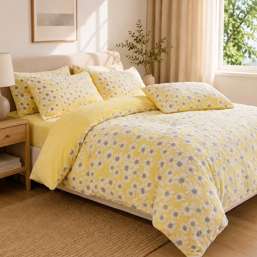 Daisy Bettwäsche mit Gänseblümchen 150x200cm – Gelber Samt Bettbezug, Verdickt