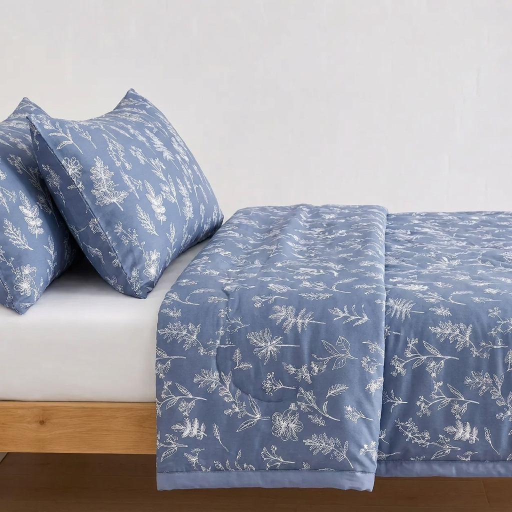 Iris Sommerdecke mit Blumenmuster 200x230cm – Blaue Steppdecke, Dünn