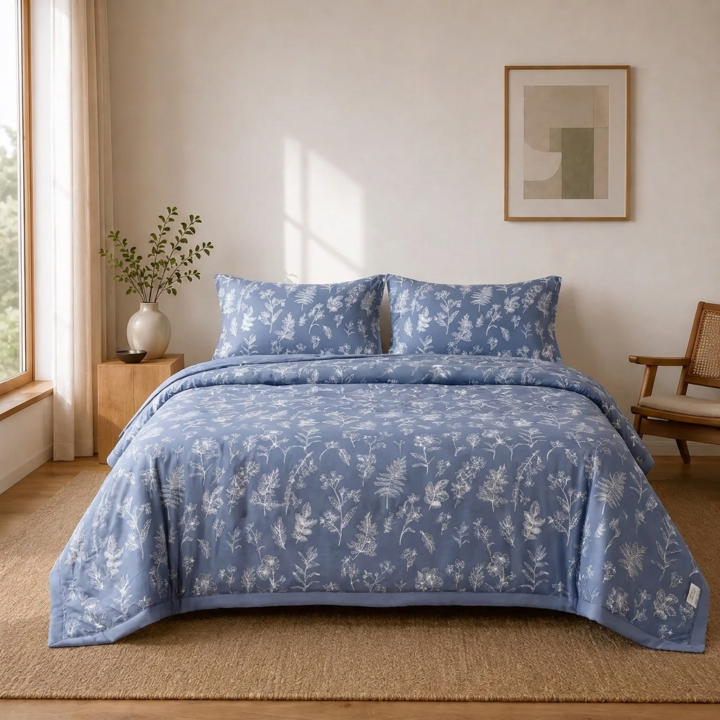 Iris Sommerdecke mit Blumenmuster 200x230cm – Blaue Steppdecke, Dünn