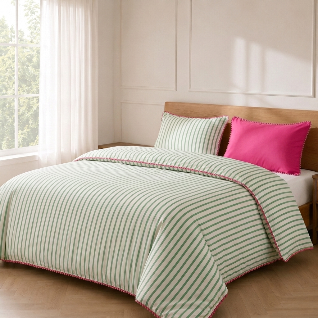 Pippa Bettwäsche Gestreift 200x200cm – Grüne Streifen mit Pompon-Kante