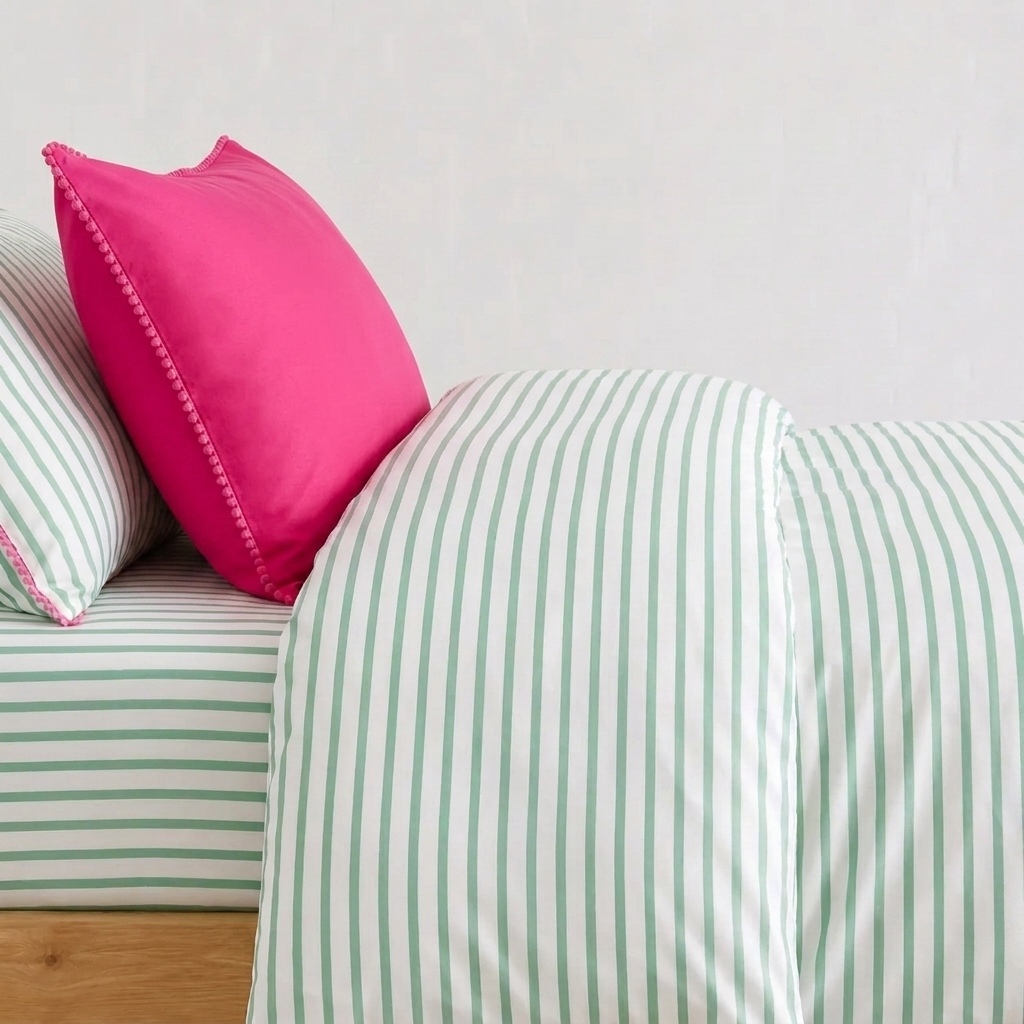 Pippa Bettwäsche Gestreift 200x200cm – Grüne Streifen mit Pompon-Kante