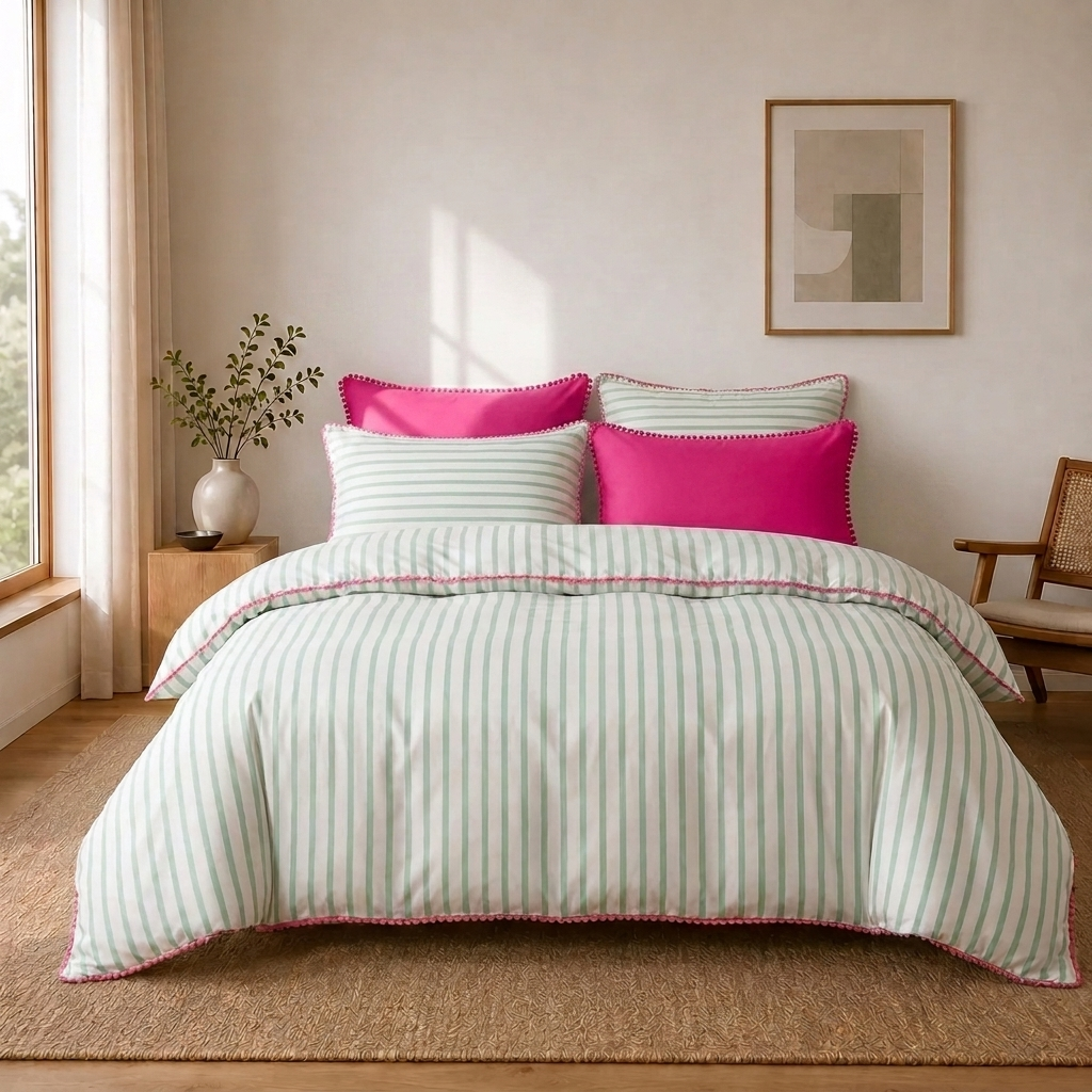 Pippa Bettwäsche Gestreift 200x200cm – Grüne Streifen mit Pompon-Kante