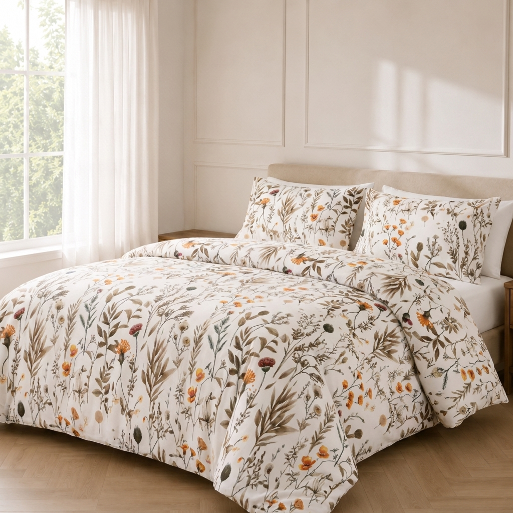 Alva Bettwäsche mit Wiesenblumen 200x200cm – Weißer Bettbezug mit Blumenmuster