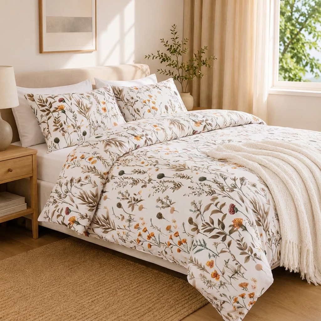 Alva Bettwäsche mit Wiesenblumen 200x200cm – Weißer Bettbezug mit Blumenmuster