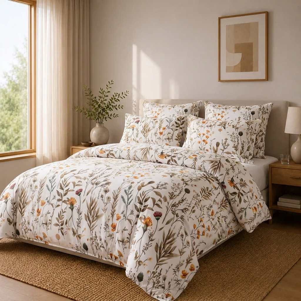 Alva Bettwäsche mit Wiesenblumen 200x200cm – Weißer Bettbezug mit Blumenmuster