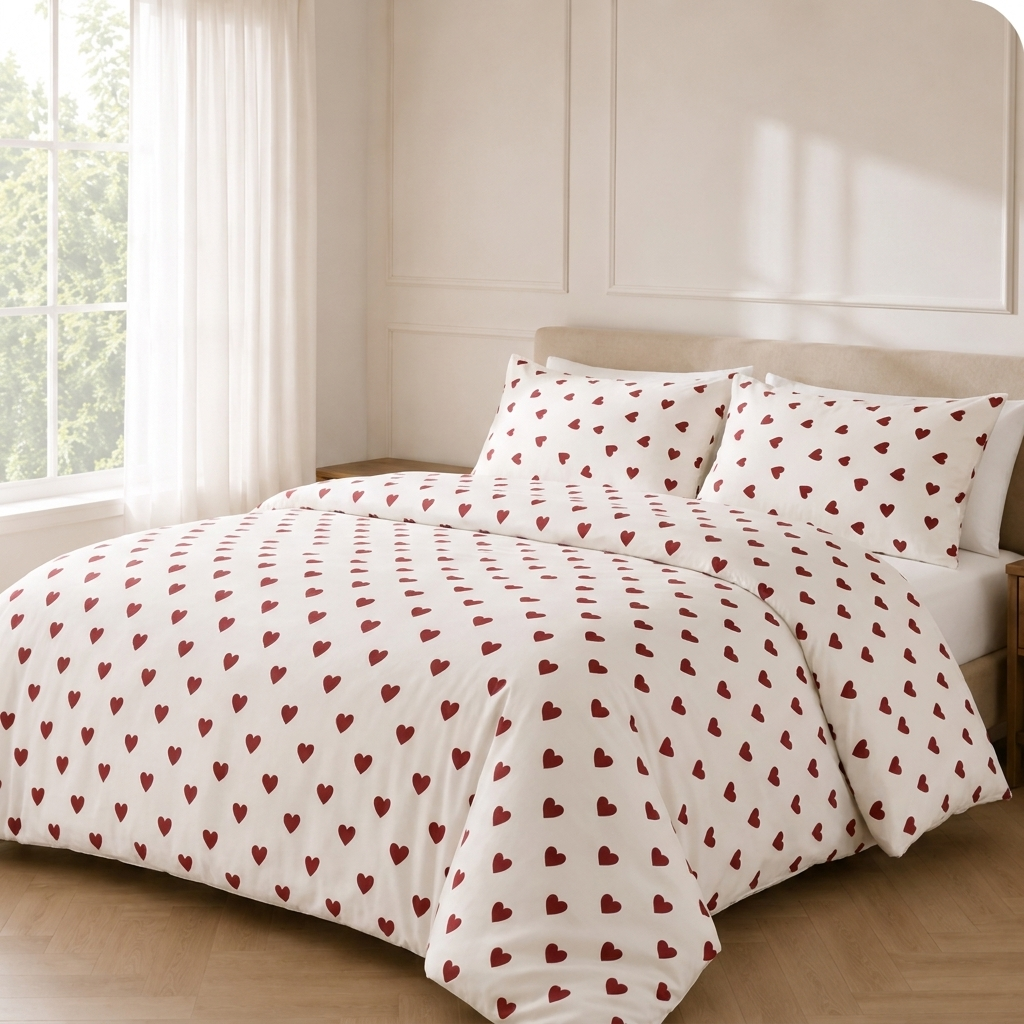 Ronja Bettwäsche mit Herzen 200x200cm – Creme Bettbezug mit roten Herzen