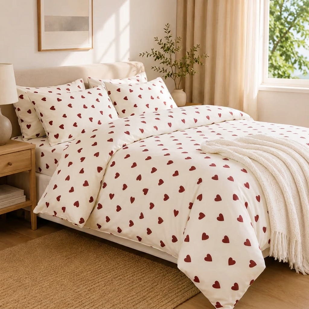 Ronja Bettwäsche mit Herzen 200x200cm – Creme Bettbezug mit roten Herzen