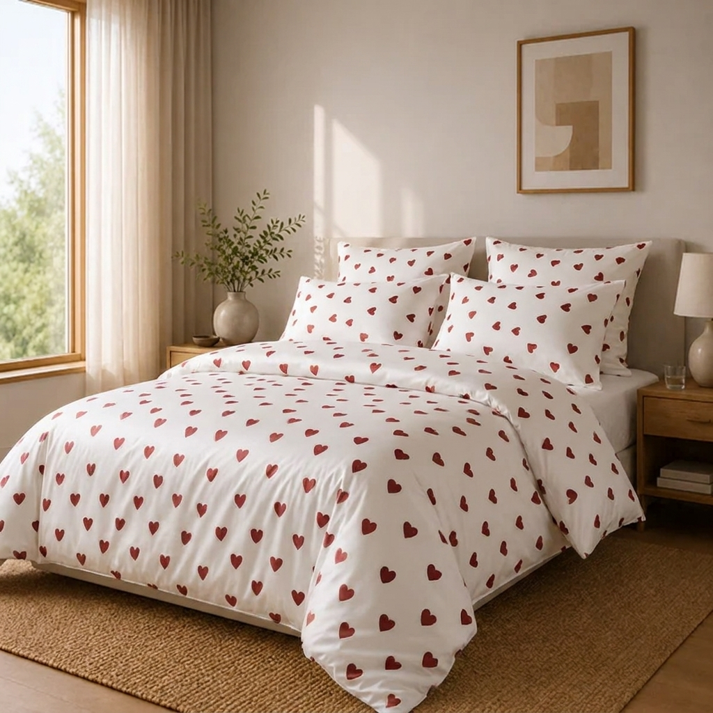 Ronja Bettwäsche mit Herzen 200x200cm – Creme Bettbezug mit roten Herzen