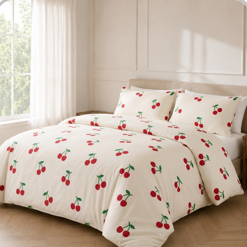 Cherie Bettwäsche mit Kirschen 200x200cm – Creme Bettbezug mit Kirschmuster