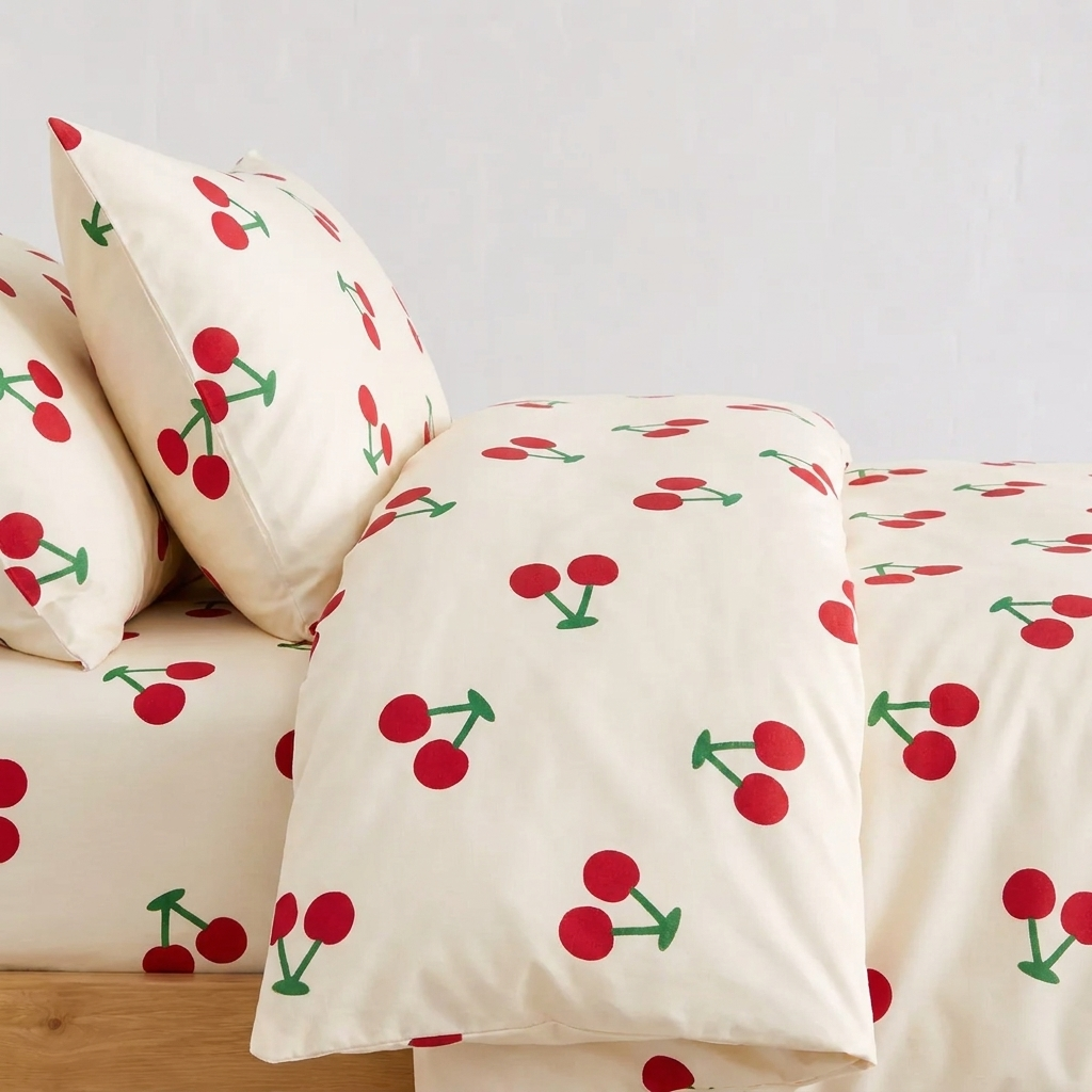 Cherie Bettwäsche mit Kirschen 200x200cm – Creme Bettbezug mit Kirschmuster