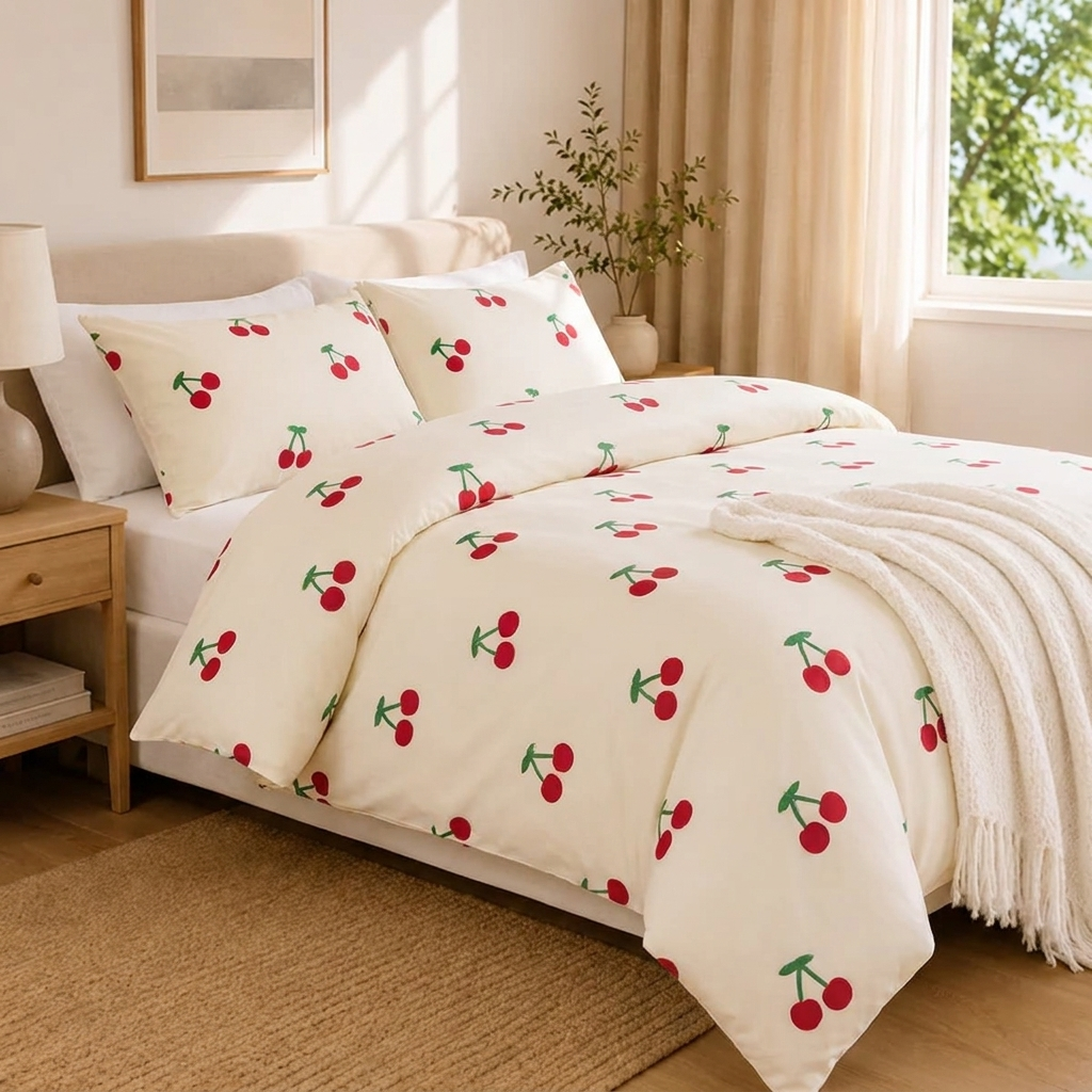 Cherie Bettwäsche mit Kirschen 200x200cm – Creme Bettbezug mit Kirschmuster