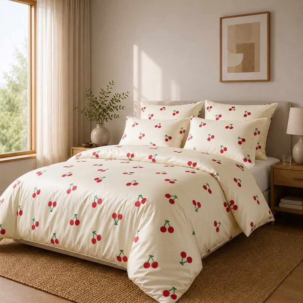 Cherie Bettwäsche mit Kirschen 200x200cm – Creme Bettbezug mit Kirschmuster