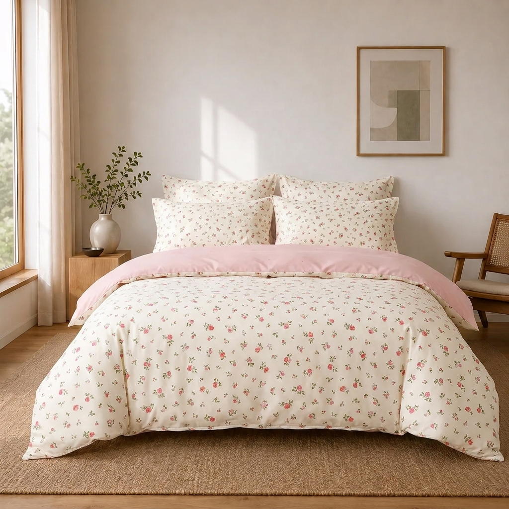 Marlie Bettwäsche mit Röschen 200x200cm – Rosa Bettbezug mit Blumenmuster