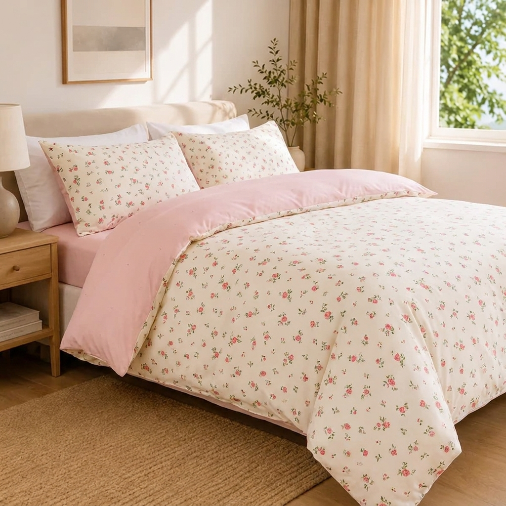 Marlie Bettwäsche mit Röschen 200x200cm – Rosa Bettbezug mit Blumenmuster