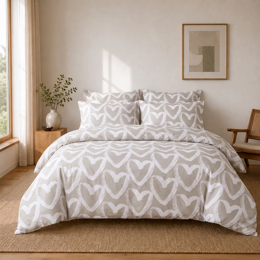 Nika Bettwäsche mit Herzen 200x200cm – Graues Herzmuster im Pinselstrich-Look