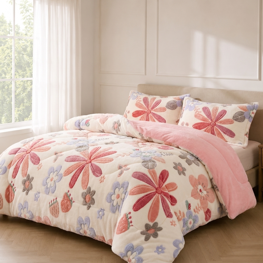 Josie Bettwäsche mit Blumenstickerei 220x240cm – Bunte Korallenfleece Winterdecke
