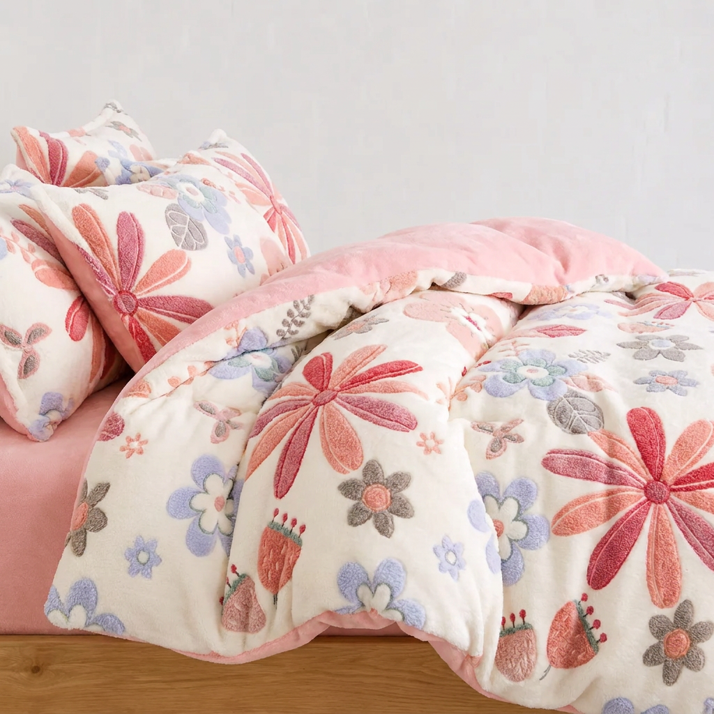 Josie Bettwäsche mit Blumenstickerei 220x240cm – Bunte Korallenfleece Winterdecke