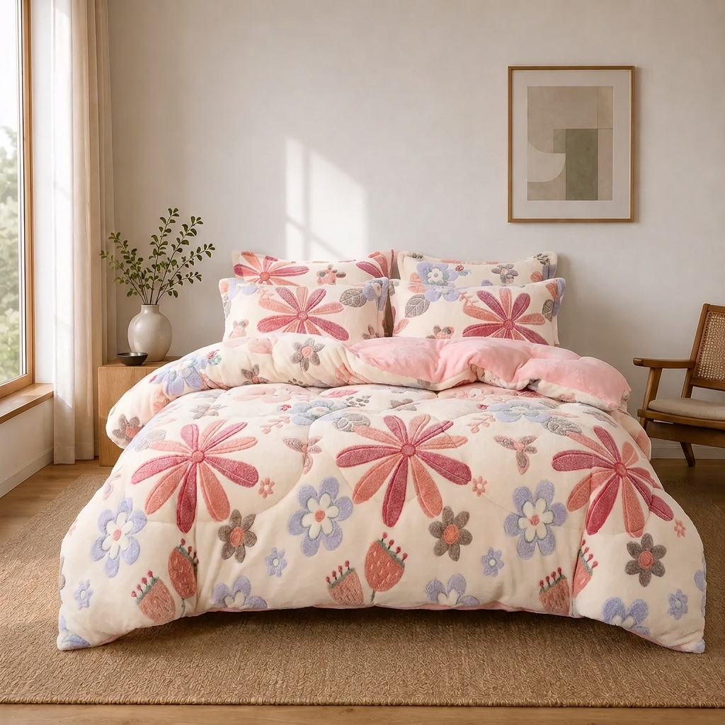 Josie Bettwäsche mit Blumenstickerei 220x240cm – Bunte Korallenfleece Winterdecke