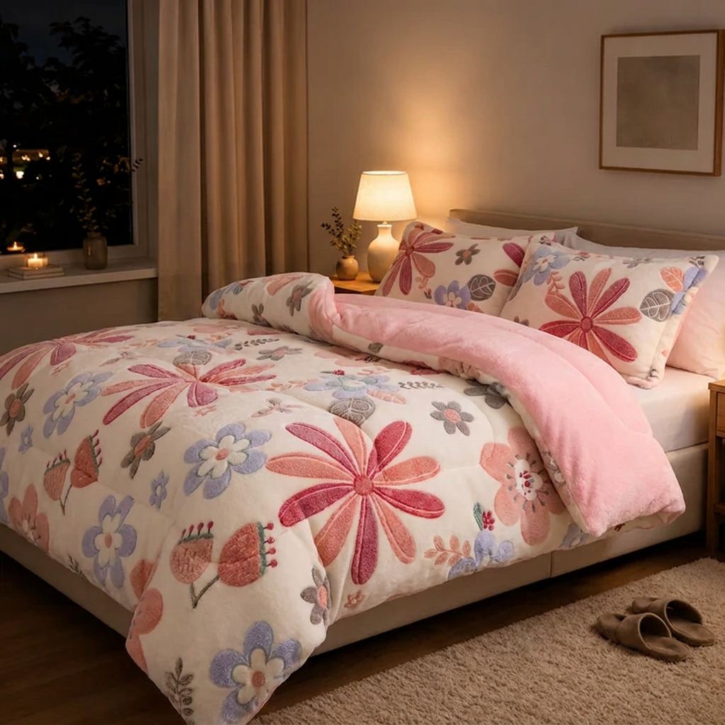 Josie Bettwäsche mit Blumenstickerei 220x240cm – Bunte Korallenfleece Winterdecke