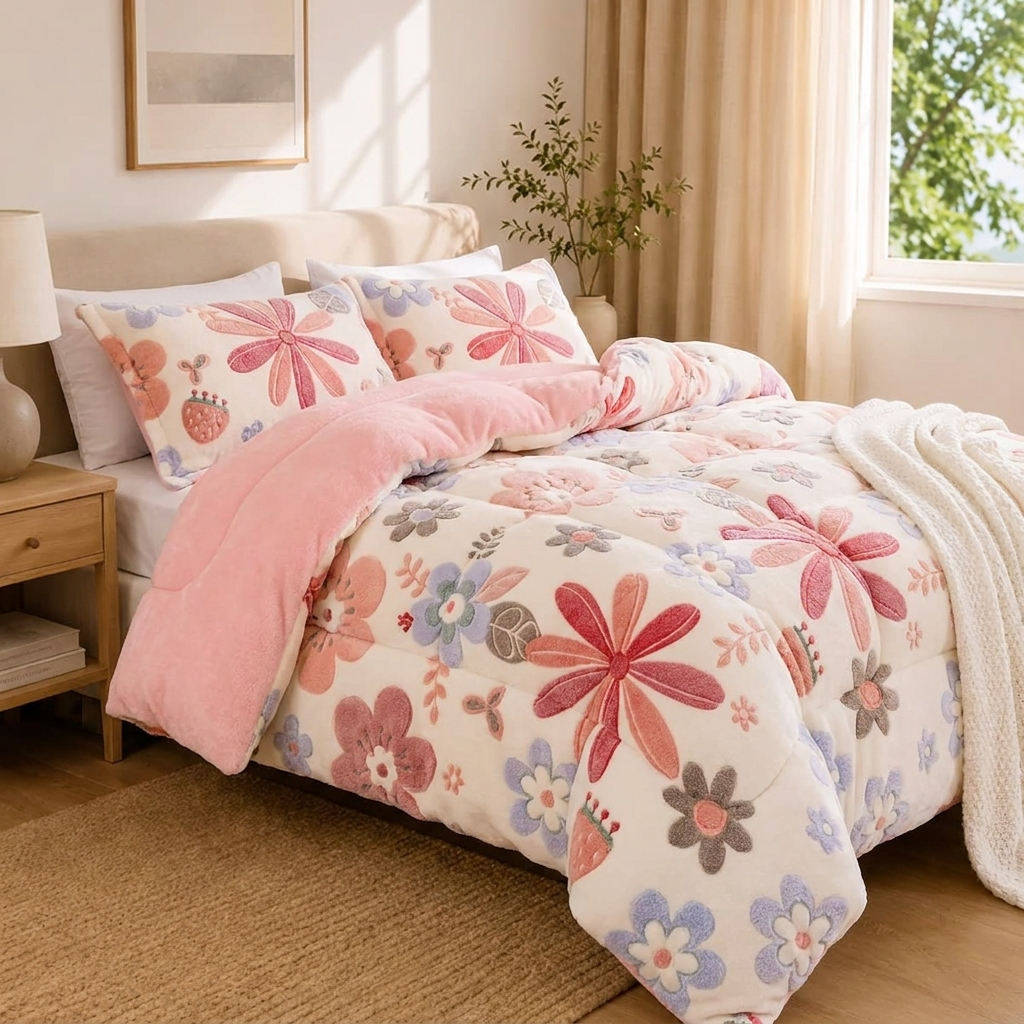 Josie Bettwäsche mit Blumenstickerei 220x240cm – Bunte Korallenfleece Winterdecke