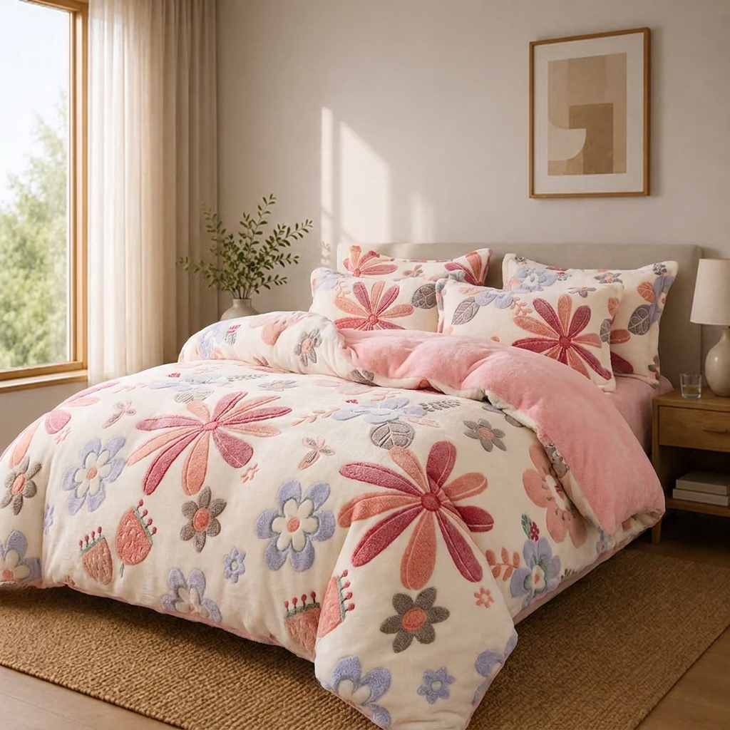 Josie Bettwäsche mit Blumenstickerei 220x240cm – Bunte Korallenfleece Winterdecke