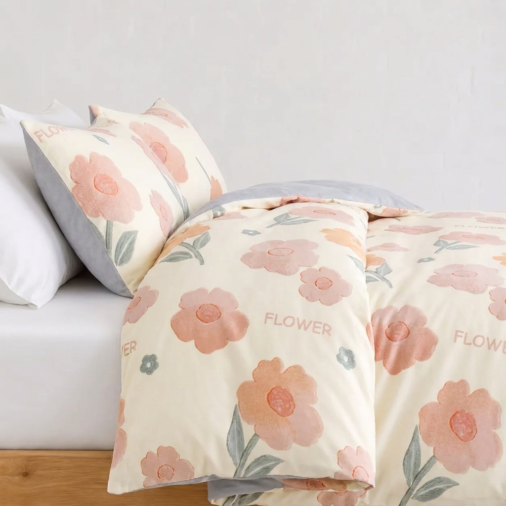 Mila Bettwäsche Plüsch 200x200cm – Cremefarbene Winterdecke mit großen Blüten