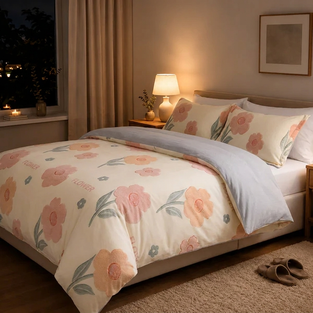 Mila Bettwäsche Plüsch 200x200cm – Cremefarbene Winterdecke mit großen Blüten