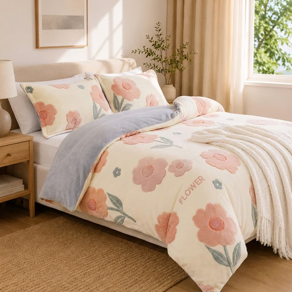 Mila Bettwäsche Plüsch 200x200cm – Cremefarbene Winterdecke mit großen Blüten