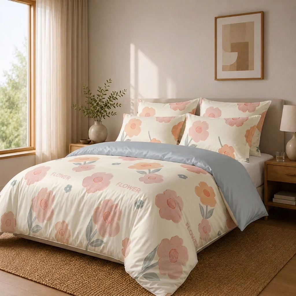 Mila Bettwäsche Plüsch 200x200cm – Cremefarbene Winterdecke mit großen Blüten