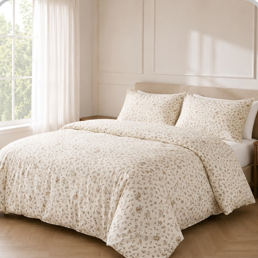 Klara Bettwäsche mit Blümchen 200x200cm – Beige 4-teiliges Prinzessin-Set