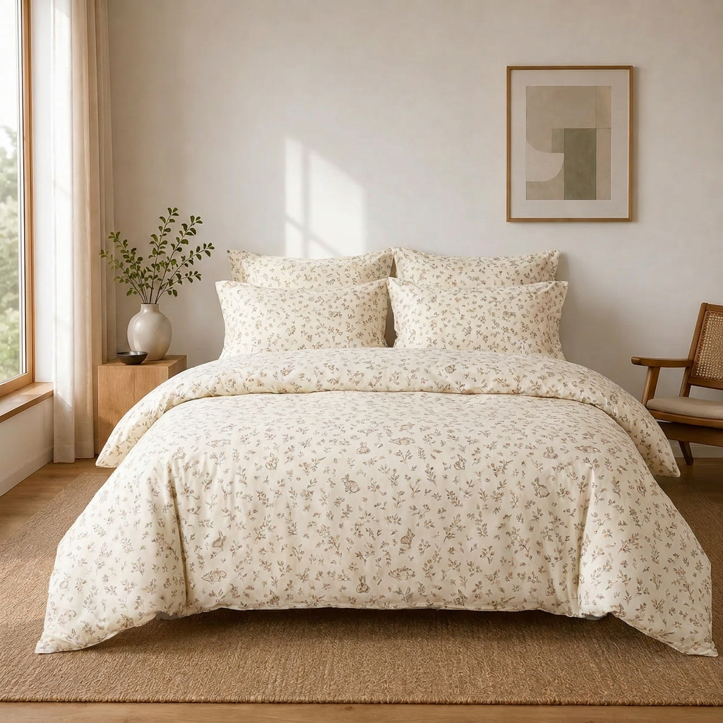 Klara Bettwäsche mit Blümchen 200x200cm – Beige 4-teiliges Prinzessin-Set