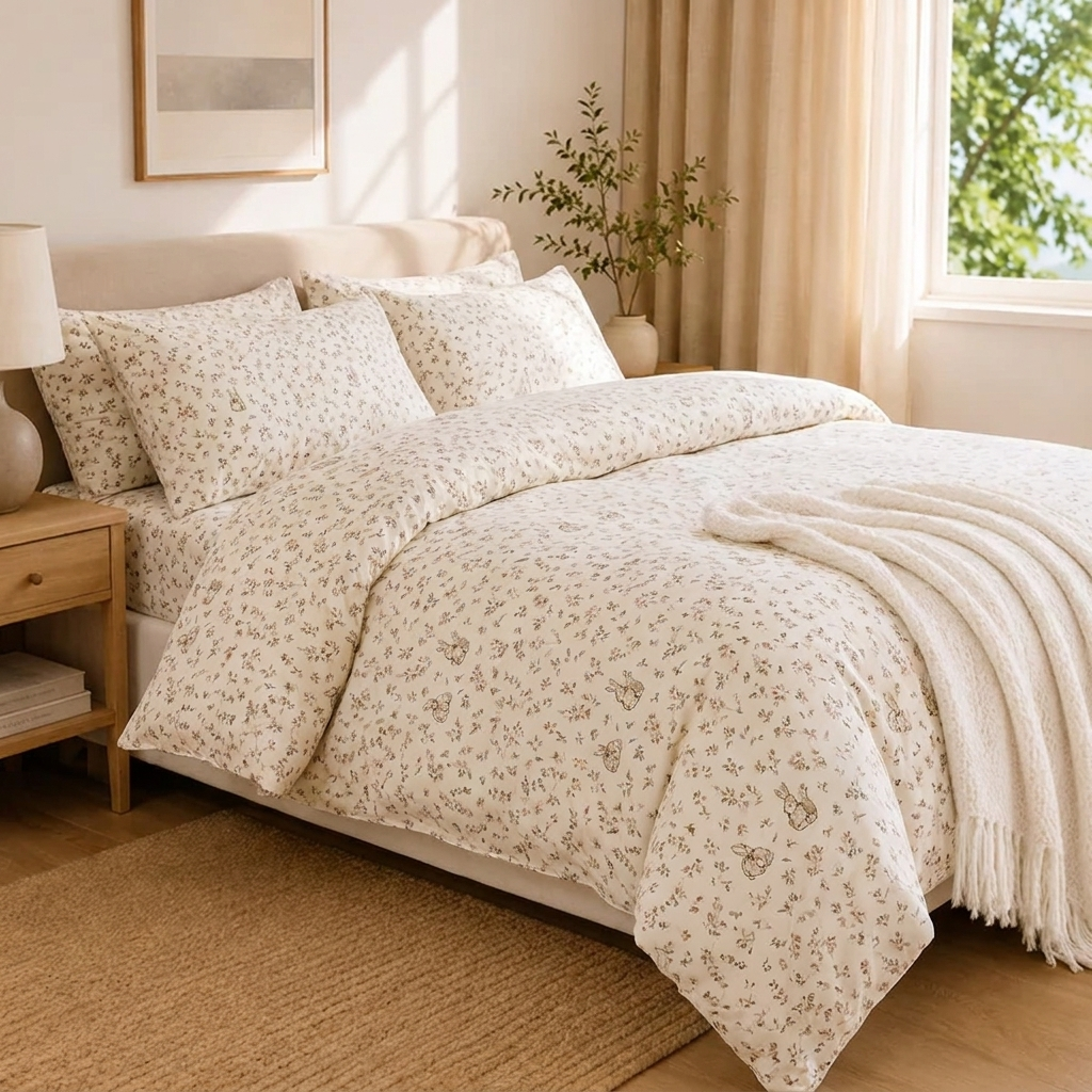 Klara Bettwäsche mit Blümchen 200x200cm – Beige 4-teiliges Prinzessin-Set