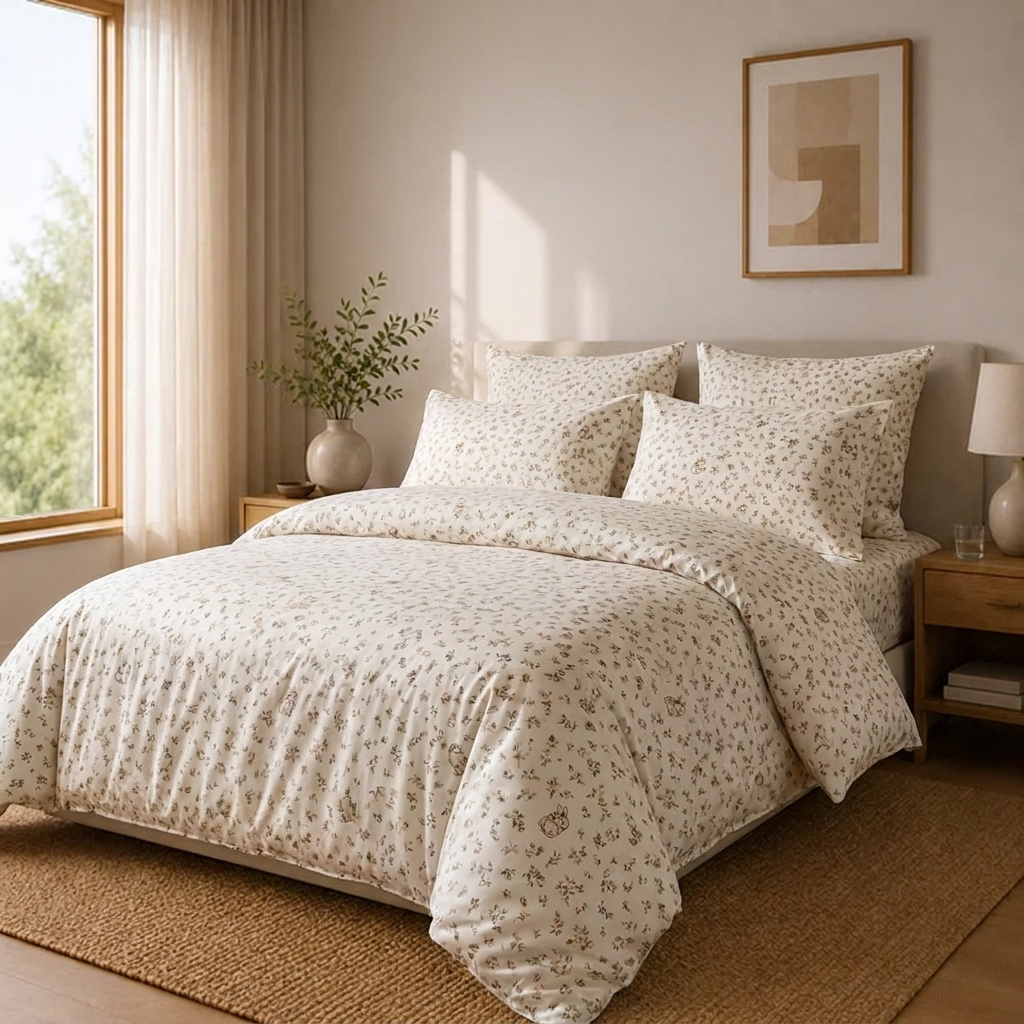 Klara Bettwäsche mit Blümchen 200x200cm – Beige 4-teiliges Prinzessin-Set