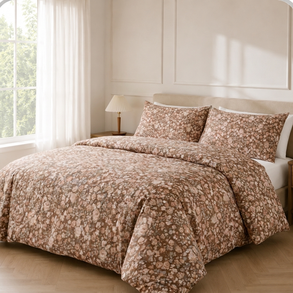 Romy Bettwäsche Liberty-Print 200x200cm – Braunes 4-teiliges Blumen-Set