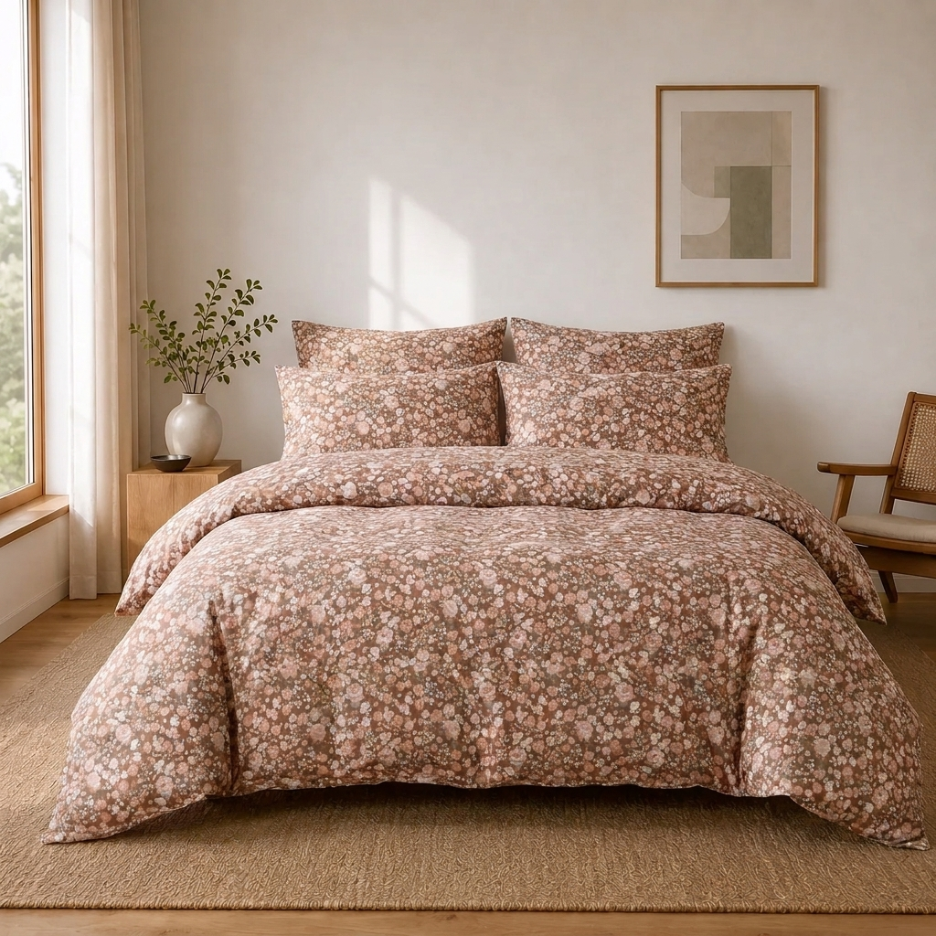 Romy Bettwäsche Liberty-Print 200x200cm – Braunes 4-teiliges Blumen-Set