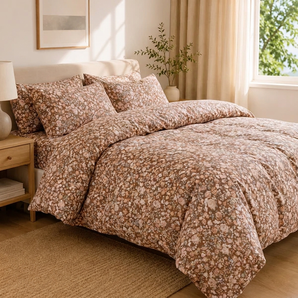 Romy Bettwäsche Liberty-Print 200x200cm – Braunes 4-teiliges Blumen-Set