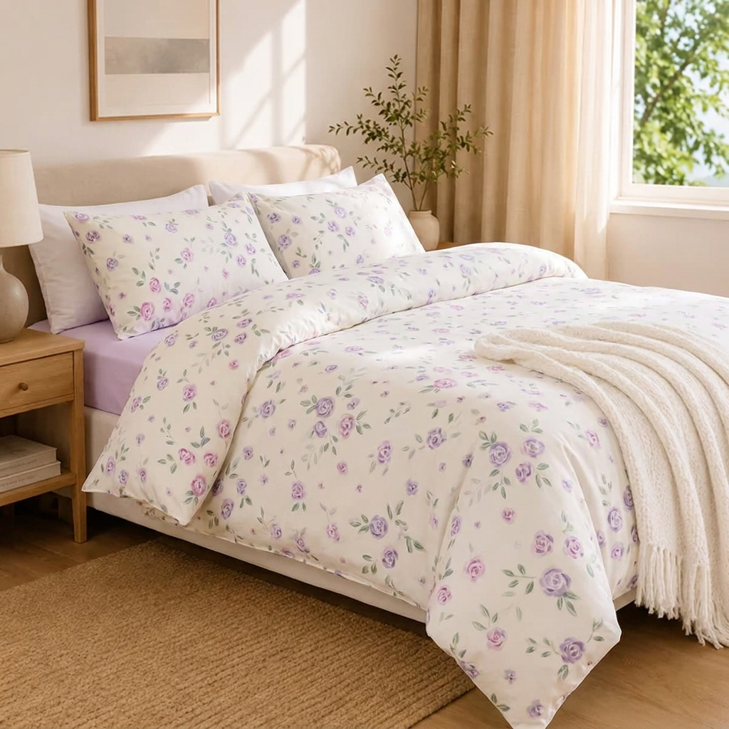 Lilou Bettwäsche mit Rosen 200x200cm – Lila 4-teiliges Blumen-Set